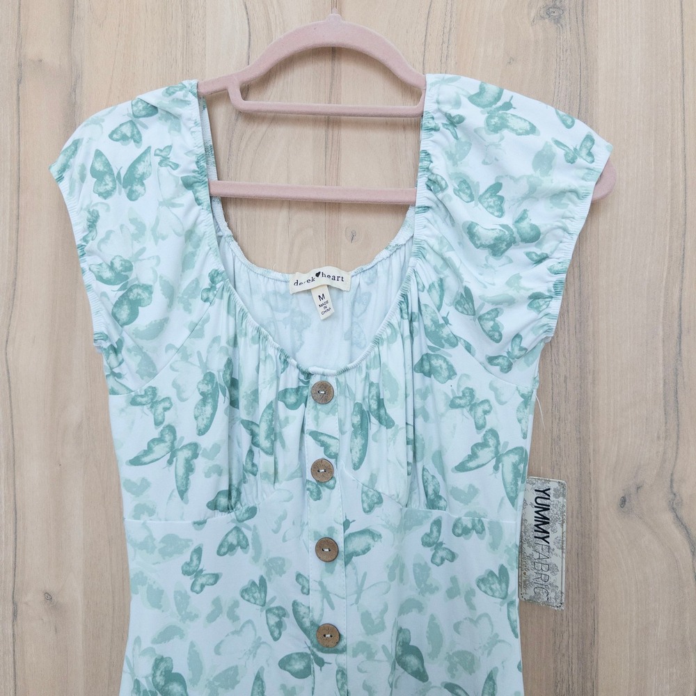Derek Heart Butterfly Mini Dress M Green Button Front Cottage Fairy Coquette Y2K - Picture 3 of 9